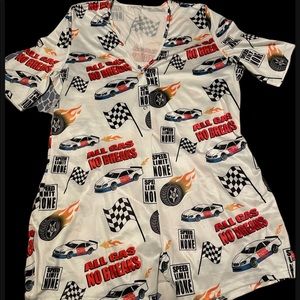 All gas no brakes shorts onesie